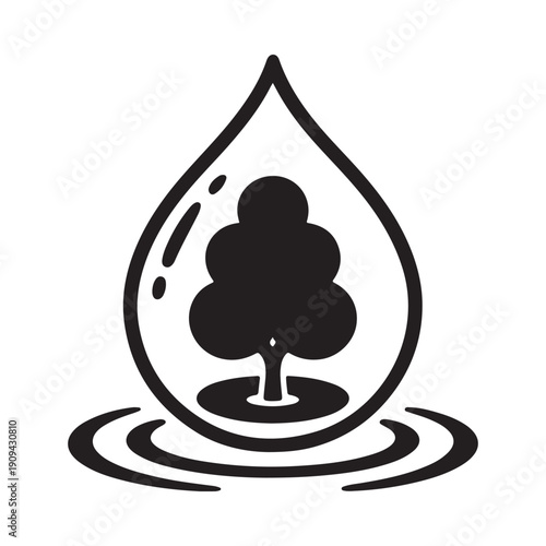 A black and white illustration depicting a tree enclosed within a water droplet symbol with ripples