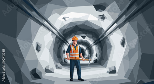 Stylized illustration of a mine worker with a pickaxe in a tunnel, low poly design. Suitable for various industrial and construction related projects.