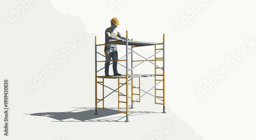 Stylized illustration of a construction worker wearing a hard hat and safety gear standing on scaffolding. Ideal for illustrating construction, renovation, or safety concepts.