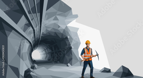 Illustration of miner wearing hard hat and safety vest, holding a pickaxe, standing in a rocky low poly tunnel. Conceptual and symbolic illustration.