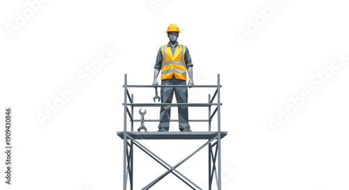 A low poly illustration of a construction worker standing on scaffolding against a white background. Perfect for construction safety campaigns, posters, and website elements.