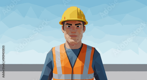 A low poly illustration of a construction worker in a hard hat and safety vest. Suitable for safety campaigns, construction websites, or safety regulations presentations.