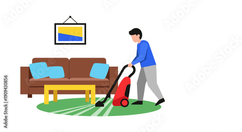 Man Vacuuming Floor with Red Vacuum Cleaner.