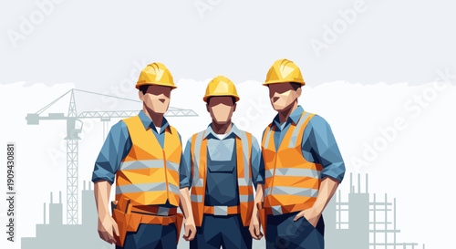 Three workers in hard hats and safety vests stand on a construction site in an eye-catching geometric vector illustration style. Perfect for construction, safety, or teamwork concepts.