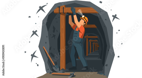 Man Working on Wooden Beam Structure.