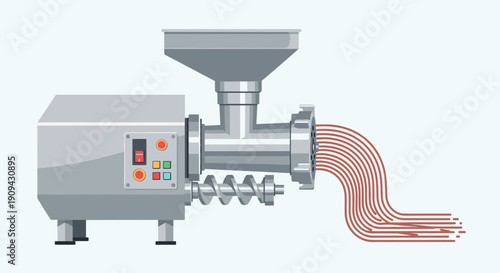 Meat Grinder Machine with Red Sausage Output.