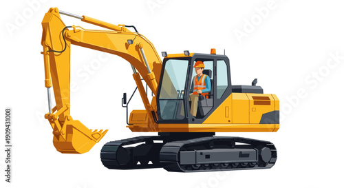 Vector illustration of a yellow excavator with construction worker operating it. Perfect for construction, engineering, machinery, and industrial themes.