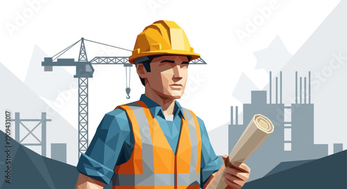 Illustration of a confident architect or engineer wearing a hard hat and vest, holding blueprints at a construction site with a crane. Use for architecture, engineering, building concepts.