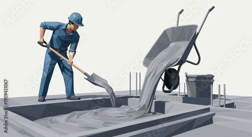 Illustration of a construction worker in uniform pouring concrete with a shovel and wheelbarrow, with a polygonal design for engineering and construction visuals.