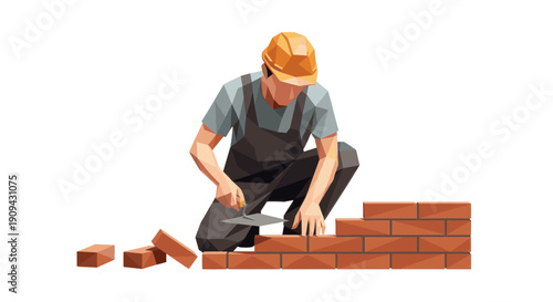 Illustration of a low polygon style bricklayer with a trowel building a brick wall. Good for construction, skilled trades, home improvement and architectural projects. Isolated on white background.