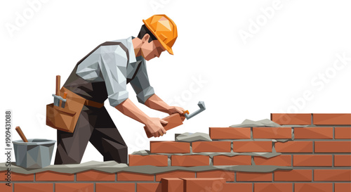 Stylized low poly illustration of a bricklayer laying bricks, wearing a hard hat and tool belt. Use for construction, building, development, and labor related content.
