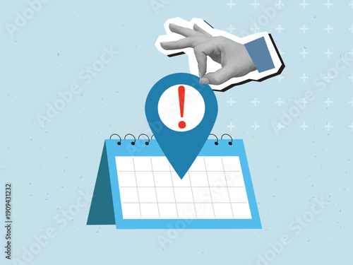 A black and white hand puts a pin mark with an exclamation mark in a paper calendar. Modern photo collage style. Vector illustration