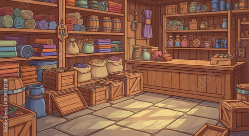 Cartoon illustration of a medieval fantasy shop, stocked with barrels, crates, potions, scrolls and bags. Can be used for backgrounds, games, books, websites, and other fantasy projects.