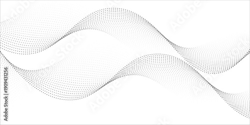 Flowing dots particles wave pattern 3D curve halftone black gradient curve shape isolated on white background. Vector in concept of technology  science  music  modern vector wave