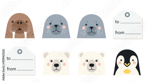 Winter themed gift tags featuring close-up faces of a walrus, seals, polar bears, and a penguin with writing lines for holiday gift giving.