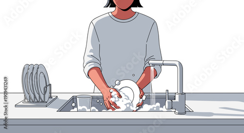 Woman Washing Dishes in Kitchen Sink.