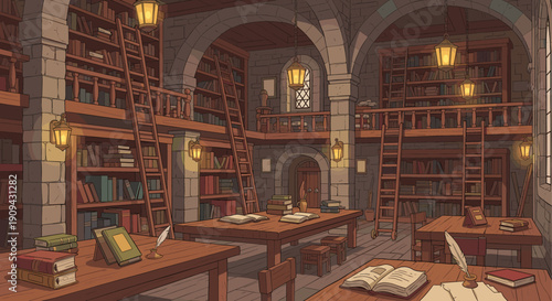 Cartoon illustration of a classic library with tall bookshelves, rolling ladders, wooden tables with books, and hanging lamps. Ideal for backgrounds, websites, or book-related content.