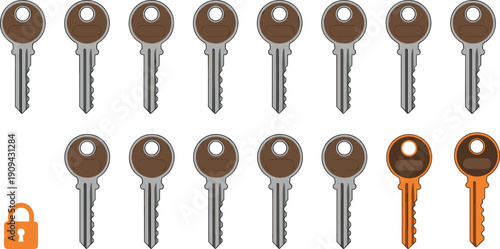 Row of identical metal keys with two highlighted orange keys and padlock icon, concept of security, access control, and uniqueness