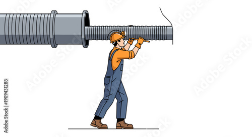 Worker Installing Large Grey Pipe with Tool.