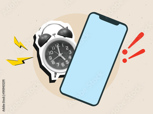 A ringing classic alarm clock and a phone with empty screen and exclamation marks. Modern photo collage style. Vector illustration