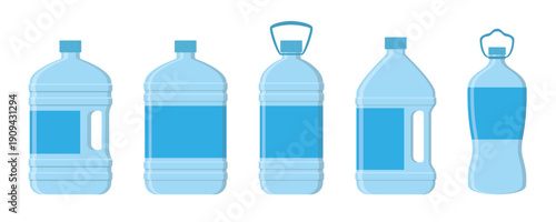 Collection of plastic water bottles of various shapes. Vector illustration isolated on white background