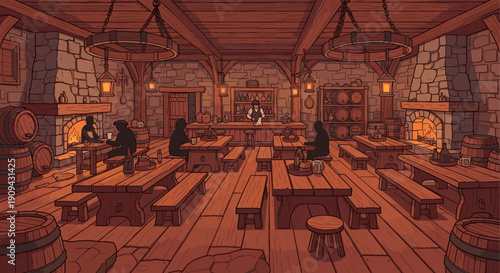 Illustration of a warm medieval tavern interior. Features wooden tables, a stone fireplace, barrels, and a bartender. Great for fantasy, history, or gaming related projects.