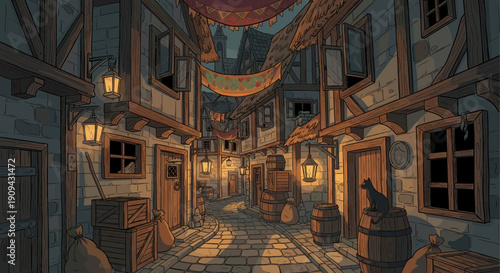 Cartoon illustration of a medieval town alleyway at night, featuring glowing lanterns, barrels, crates, and a black cat, suitable for fantasy themes or game assets.