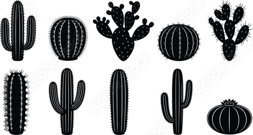 Set of black cactus silhouettes featuring saguaro, barrel, and prickly pear varieties, desert plant icons isolated on white background for nature and landscape design