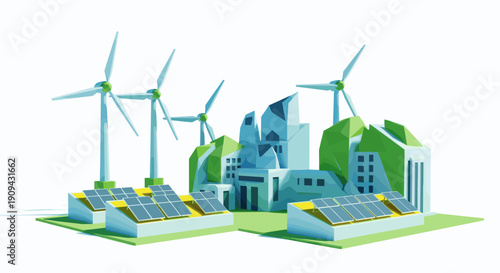 Isometric illustration of a future sustainable city with wind turbines, solar panels, and green buildings. Ideal for renewable energy and green technology concepts.