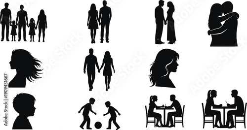 Family and couple silhouette collection, romantic love, parenting, children playing and people profiles isolated on white background illustration set