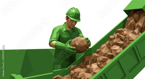 Low poly illustration featuring a worker in green holding ore near a green dump truck. Useful for construction, mining, environment themes. Isolated on white background.
