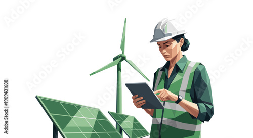 Woman in hard hat and safety vest using tablet, with solar panels and wind turbine. Represents green energy, sustainability, and innovation in a modern style.