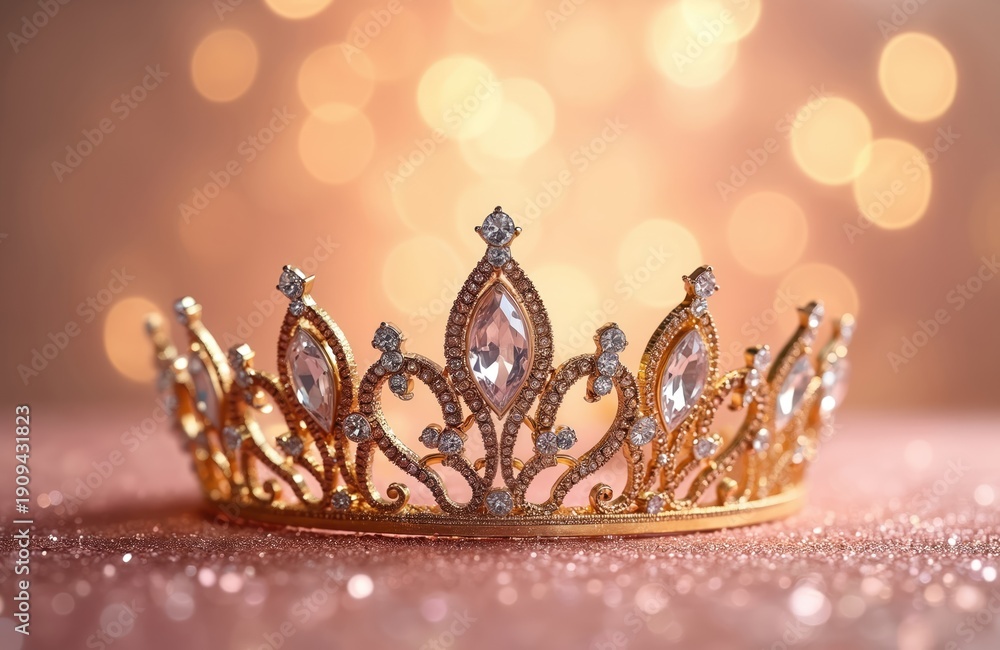 Obraz premium Gilded tiara with clear gems rests on pink glitter surface. Soft bokeh lights illuminate gold crown, conveying luxury and royalty. Elegant accessory for celebrations and special events.