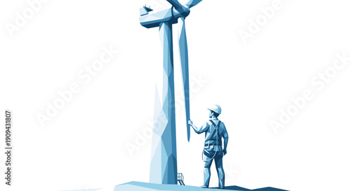 Illustrated wind turbine technician inspecting a large wind turbine. Concept for renewable energy, sustainability, maintenance, and engineering. Isolated on a white background.