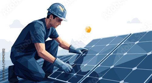 Stylized illustration of a worker installing solar panels. Ideal for renewable energy, technology, and construction themed projects. Clean, modern vector art with a positive ecological message.