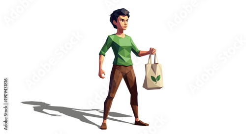 Digital illustration of a woman holding a reusable tote bag. Minimalist geometric style, promoting environmental awareness, suitable for website, posters, articles about sustainability.