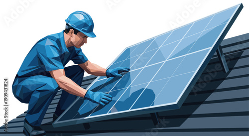 A technician installs solar panels on a roof. The worker is wearing blue safety gear, illustrating sustainable energy solutions and skilled trades. Isolated on white.