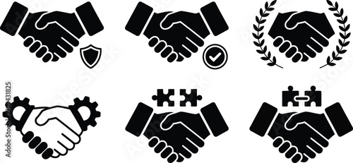 Collection of handshake icons with various symbolic additions