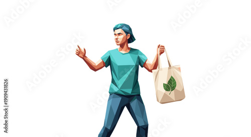 Illustrated woman holding a reusable shopping bag with leaf design. Suitable for eco-friendly themes, sustainable living, and modern lifestyle concepts.