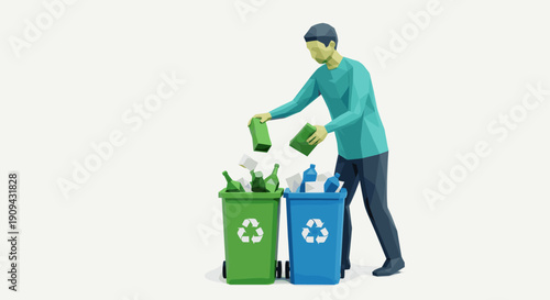 Stylized image of a person sorting materials into recycling bins. Conceptual image for environmental awareness, waste management, and sustainability. Can be used for ecological projects.