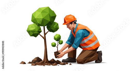 Low poly vector art illustration of a construction worker planting a tree seedling, concept for environmental protection, reforestation, or green construction initiatives.