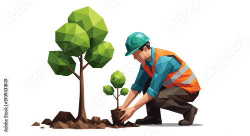 A low-poly vector illustration of a worker planting a tree sapling. Suitable for environment, sustainability, eco-friendly or environmental projects. Isolated on white.