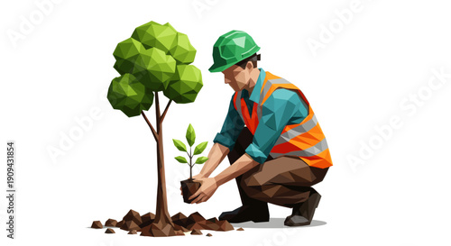 Low poly illustration of a man in a hard hat planting a small tree sapling next to a large mature tree. Ideal for environment, conservation, or earth day concepts.