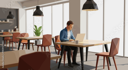 Illustration of a man working on his laptop in a bright, modern co-working space. Ideal for portraying freelance work, remote offices, and modern work environments.