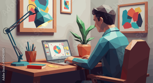 Illustration of a man working on a laptop at a desk with a lamp. Great for blog posts and articles about productivity, remote work, and home office.