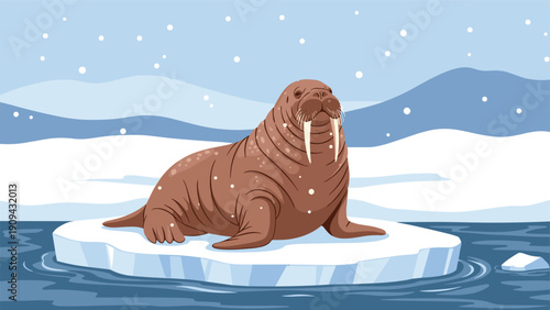 Stately walrus with long tusks sitting on a floating iceberg in a snowy arctic sea under a pale blue winter sky for nature education.
