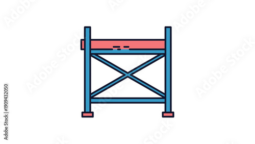 Vector illustration of a scaffold. Blue frame, red platform, cross supports. Simple outline