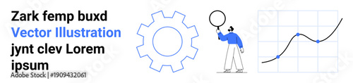 Gear representing mechanics, person examining with a magnifying glass, and a rising line graph showing growth. Ideal for business, analytics, innovation, teamwork, research, strategy simple landing