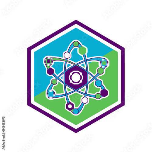 Abstract image of an atom stylized within a hexagon with green and blue backgrounds