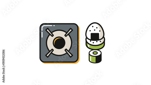 Stylized illustration featuring a gas stove and sushi onigiri and maki